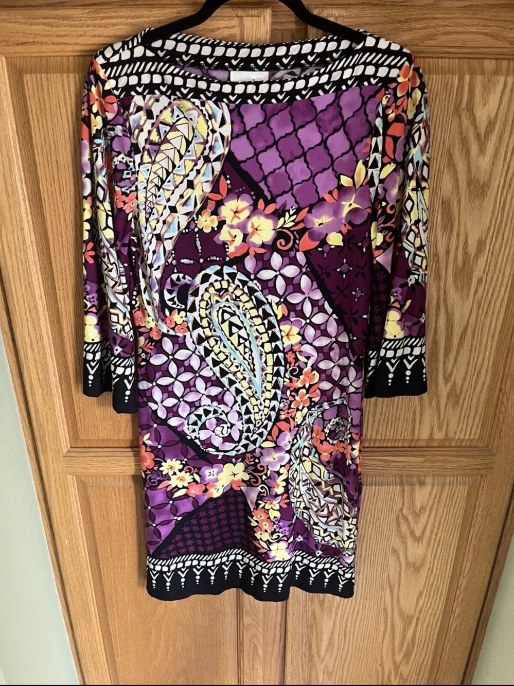 ECI New York Mosaic Boho Jersey Shift Summer  Dress Sz 8 M Purple Coral